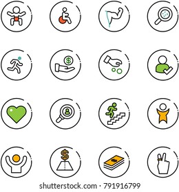 line vector icon set - baby vector, disabled, power hand, bacteria, run, investment, user check, heart, head hunter, career, success, dollar, victory