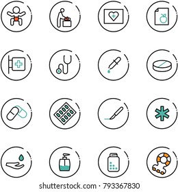 line vector icon set - baby vector, room, first aid kit, diet list, stethoscope, pipette, pill, pills, blister, scalpel, ambulance star, drop hand, liquid soap, bottle, teethers