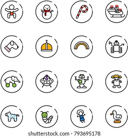 line vector icon set - baby vector, snowman, lollipop, santa sleigh, dog, crown, rainbow, robot, elephant wheel, ufo toy, doll, horse, caterpillar, duck