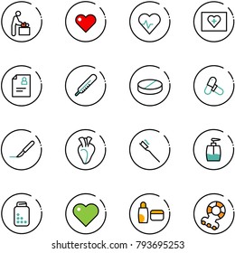 line vector icon set - baby room vector, heart, pulse, first aid kit, patient card, thermometer, pill, pills, scalpel, tooth brush, liquid soap, bottle, uv cream, teethers