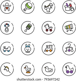 line vector icon set - baby vector, beanbag, dinosaur toy, shovel bucket, wheel horse, xylophone, car, rabbit, train, carousel, unicorn stick, duck