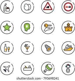 line vector icon set - baby room vector, eggs, tractor way road sign, no overtake, star, head bulb, key hand, sand fort, wine, drink, shell, cruiser, plane, jointer, beanbag