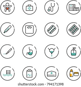line vector icon set - baby vector, doctor bag, stethoscope, hospital building, thermometer, floor scales, pills blister, scalpel, stomach, bladder, liquid soap, pool, pulse clipboard, hat, uv cream