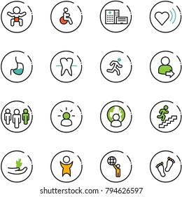 line vector icon set - baby vector, disabled, hospital building, heart beat, stomach, tooth, run, user login, group, idea, man globe, career, hand sproute, success, world, feet