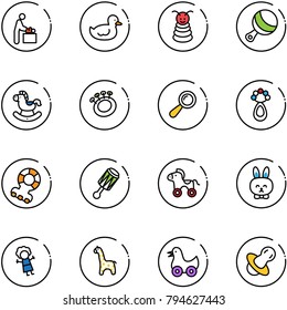 line vector icon set - baby room vector, duck toy, pyramid, beanbag, rocking horse, teethers, wheel, rabbit, doll, giraffe, soother