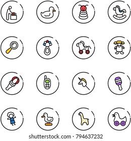 line vector icon set - baby room vector, duck toy, pyramid, rocking horse, beanbag, wheel, doll, phone, unicorn stick, giraffe