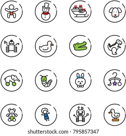 line vector icon set - baby vector, snowman, santa sleigh, dog, robot, duck toy, crocodile, dinosaur, elephant wheel, caterpillar, rabbit, carousel, bear, doll