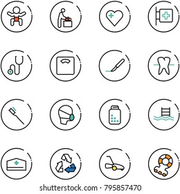 line vector icon set - baby vector, room, heart, first aid, stethoscope, floor scales, scalpel, tooth, brush, medical mask, pills bottle, pool, doctor hat, recycling, lawn mower, teethers