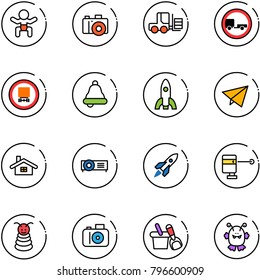 line vector icon set - baby vector, camera, fork loader, no trailer road sign, dangerous cargo, bell, rocket, paper fly, home, projector, laser lever, pyramid toy, shovel bucket, monster