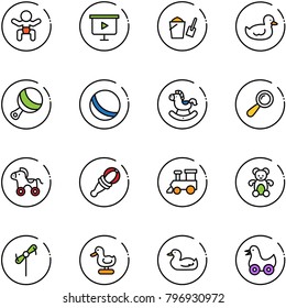 line vector icon set - baby vector, presentation board, bucket scoop, duck toy, beanbag, ball, rocking horse, wheel, train, bear, windmill