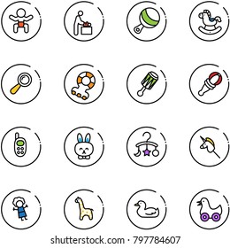 line vector icon set - baby vector, room, beanbag, rocking horse, teethers, phone toy, rabbit, carousel, unicorn stick, doll, giraffe, duck