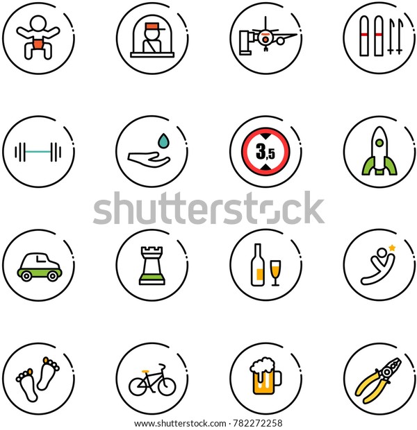 line vector icon set - baby vector, officer
window, boarding passengers, ski, barbell, drop hand, limited
height road sign, rocket, car, chess tower, wine, flying man, feet,
bike, beer, pliers