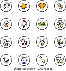 line vector icon set - bacteria vector, sea turtle, shell, dolphin, chicken toy, crocodile, bear, rocking horse, wheel, caterpillar, duck, monster, giraffe, cat