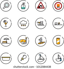 line vector icon set - bacteria vector, liquid soap, embankment road sign, no dangerous cargo, drink, rain cloud, pool, swimming, inflatable, diving, surfing, basin, oiler, sailboat toy