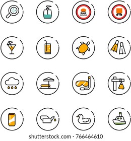 line vector icon set - bacteria vector, liquid soap, no dangerous cargo road sign, drink, sea turtle, flippers, rain cloud, inflatable pool, diving, ship bell, oiler, toy duck, boat