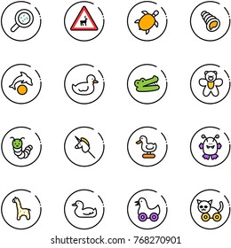 line vector icon set - bacteria vector, wild animals road sign, sea turtle, shell, dolphin, duck toy, crocodile, bear, caterpillar, unicorn horn, monster, giraffe, cat