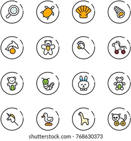 line vector icon set - bacteria vector, sea turtle, shell, dolphin, bear toy, horse stick, wheel, caterpillar, rabbit, unicorn, duck, giraffe, cat