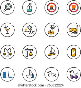 line vector icon set - bacteria vector, liquid soap, no dangerous cargo road sign, drink, palm, diving, life vest, ship bell, windsurfing, water power plant, sailboat toy, duck