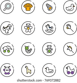 line vector icon set - bacteria vector, shell, duck toy, dinosaur, bear, rocking horse, stick, elephant wheel, caterpillar, unicorn, monster, giraffe