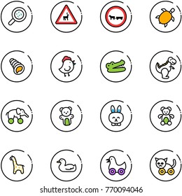 line vector icon set - bacteria vector, wild animals road sign, no cart horse, sea turtle, shell, chicken toy, crocodile, dinosaur, elephant wheel, bear, rabbit, giraffe, duck, cat