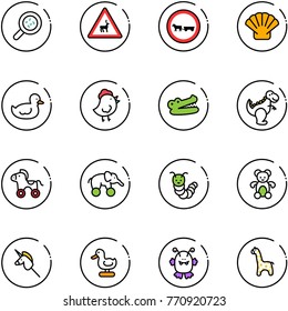 line vector icon set - bacteria vector, wild animals road sign, no cart horse, shell, duck toy, chicken, crocodile, dinosaur, wheel, elephant, caterpillar, bear, unicorn stick, monster, giraffe