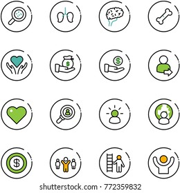 line vector icon set - bacteria vector, lungs, brain, broken bone, heart care, investment, user login, head hunter, idea, man globe, dollar, team leader, opportunity, success