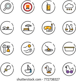 line vector icon set - bacteria vector, no dangerous cargo road sign, drink, rain cloud, swimming, inflatable pool, diving, life vest, ship bell, waves, fishing, basin, oiler, sailboat toy, duck