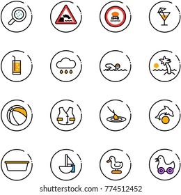 line vector icon set - bacteria vector, embankment road sign, no dangerous cargo, drink, rain cloud, swimming, palm, ball, life vest, fishing, dolphin, basin, sailboat toy, duck