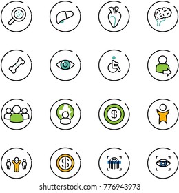 line vector icon set - bacteria vector, liver, heart, brain, broken bone, eye, disabled, user login, group, man globe, dollar, success, team leader, fingerprint scanner