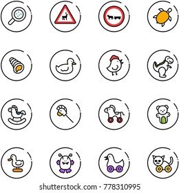 line vector icon set - bacteria vector, wild animals road sign, no cart horse, sea turtle, shell, duck toy, chicken, dinosaur, rocking, stick, wheel, bear, monster, cat