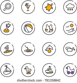 line vector icon set - bacteria vector, drink, sea turtle, rain cloud, palm, ball, life vest, waves, surfing, fishing, dolphin, oiler, sailboat toy, duck, boat