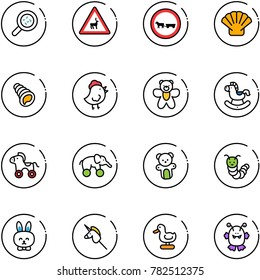 line vector icon set - bacteria vector, wild animals road sign, no cart horse, shell, chicken toy, bear, rocking, wheel, elephant, caterpillar, rabbit, unicorn stick, duck, monster