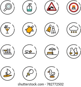 line vector icon set - bacteria vector, liquid soap, embankment road sign, no dangerous cargo, drink, sea turtle, flippers, rain cloud, pool, swimming, inflatable, life vest, windsurfing, oiler