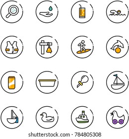 line vector icon set - bacteria vector, drop hand, drink, swimming, life vest, ship bell, surfing, dolphin, basin, oiler, sailboat toy, duck, boat