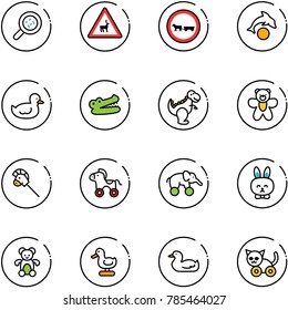 line vector icon set - bacteria vector, wild animals road sign, no cart horse, dolphin, duck toy, crocodile, dinosaur, bear, stick, wheel, elephant, rabbit, cat