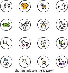 line vector icon set - bacteria vector, shell, duck toy, crocodile, dinosaur, bear, rocking horse, stick, wheel, caterpillar, rabbit, unicorn, giraffe