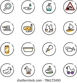 line vector icon set - bacteria vector, drop hand, liquid soap, embankment road sign, pool, diving, life vest, windsurfing, drink, basin, oiler, duck toy, boat