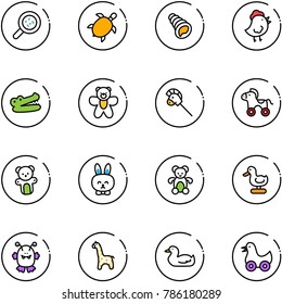 line vector icon set - bacteria vector, sea turtle, shell, chicken toy, crocodile, bear, horse stick, wheel, rabbit, duck, monster, giraffe
