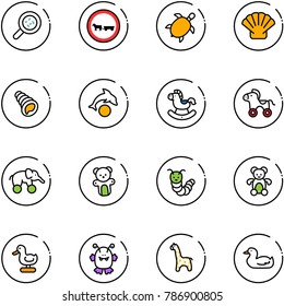 line vector icon set - bacteria vector, no cart horse road sign, sea turtle, shell, dolphin, rocking, wheel, elephant, bear toy, caterpillar, duck, monster, giraffe