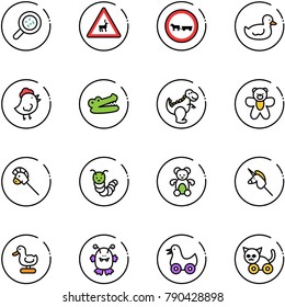 line vector icon set - bacteria vector, wild animals road sign, no cart horse, duck toy, chicken, crocodile, dinosaur, bear, stick, caterpillar, unicorn, monster, cat