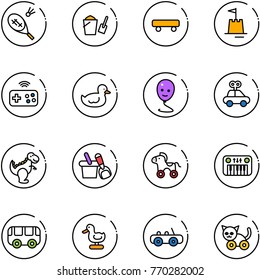 line vector icon set - badminton vector, bucket scoop, skateboard, sand castle, joystick wireless, duck toy, balloon smile, car, dinosaur, shovel, wheel horse, piano, bus, cat