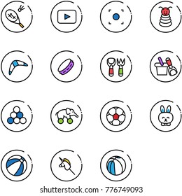 line vector icon set - badminton vector, playback, record button, pyramid toy, boomerang, tambourine, shovel fork, bucket, billiards balls, elephant wheel, soccer ball, rabbit, beach, unicorn stick