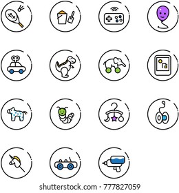 line vector icon set - badminton vector, bucket scoop, joystick wireless, balloon smile, car toy, dinosaur, elephant wheel, game console, horse, caterpillar, baby carousel, yoyo, unicorn stick