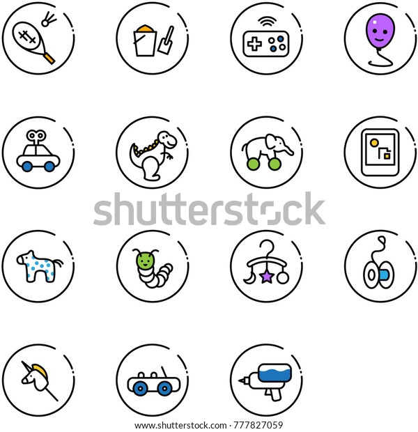 line vector icon set - badminton vector, bucket\
scoop, joystick wireless, balloon smile, car toy, dinosaur,\
elephant wheel, game console, horse, caterpillar, baby carousel,\
yoyo, unicorn stick