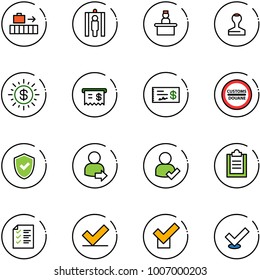 line vector icon set - baggage vector, metal detector gate, recieptionist, stamp, dollar sun, receipt, check, customs road sign, shield, user login, clipboard, list