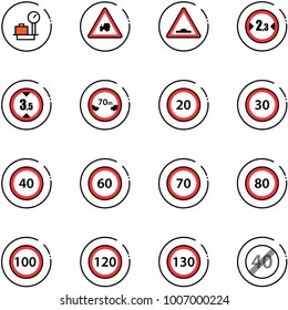 line vector icon set - baggage scales vector, tractor way road sign, artificial unevenness, limited width, height, distance, speed limit 20, 30, 40, 60, 70, 80, 100, 120, 130, end