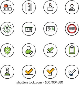 line vector icon set - baggage vector, metal detector gate, recieptionist, stamp, dollar sun, receipt, check, customs road sign, shield cross, user, clipboard, chess queen