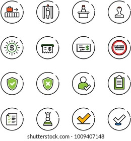 line vector icon set - baggage vector, metal detector gate, recieptionist, stamp, dollar sun, receipt, check, customs road sign, shield, cross, user, clipboard, list, chess queen