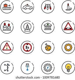 line vector icon set - baggage vector, safety car, garland, candle, snowball tree, bank, drawbridge road sign, traffic light, limited height, moon flag, sun, bezier, laser, power, bulb