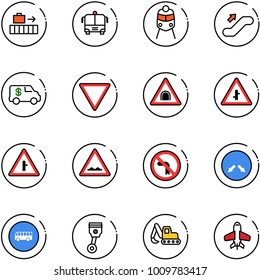 line vector icon set - baggage vector, airport bus, train, escalator up, encashment car, giving way road sign, tunnel, intersection, rough, no left turn, detour, piston, excavator toy, plane